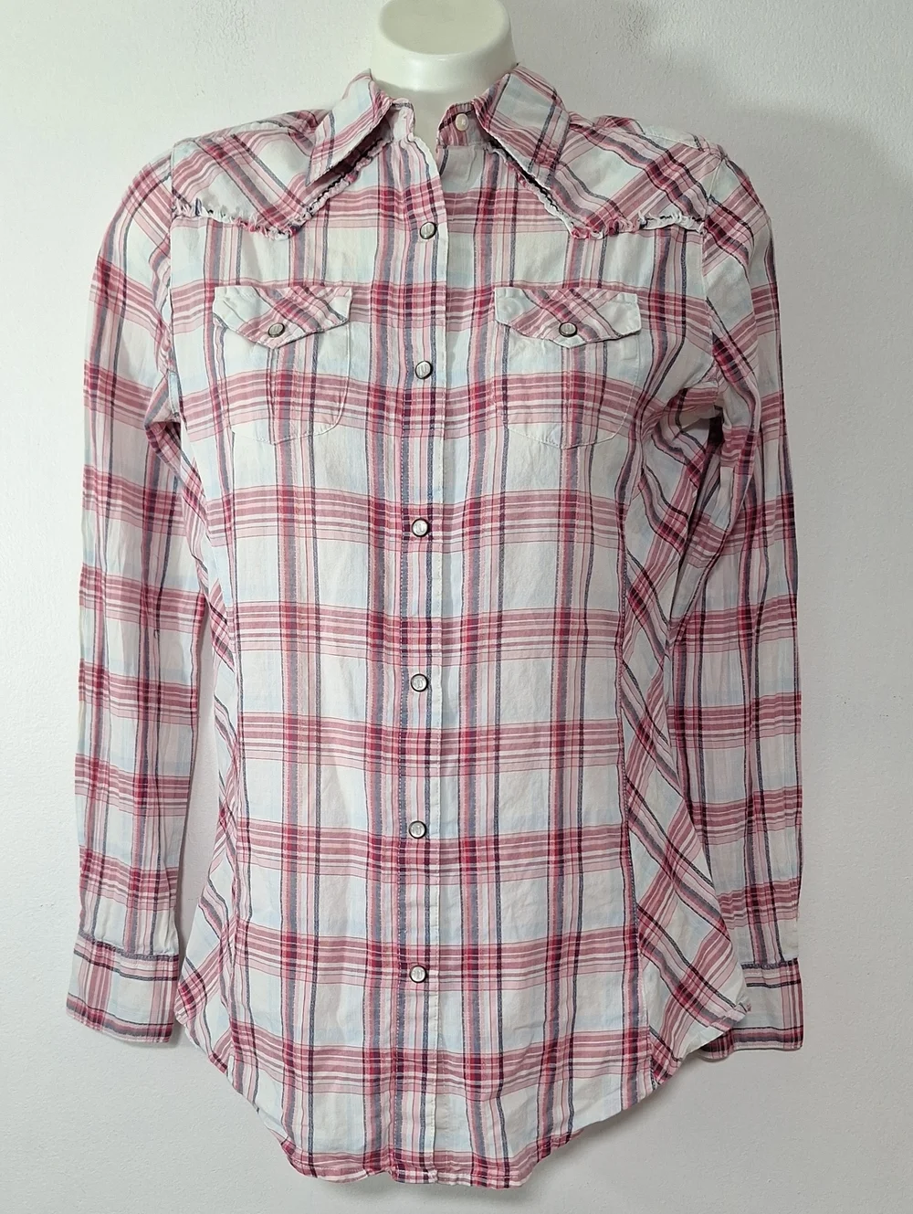 Wrangler Western Pearl Button Down White Pink Plaid Shirt